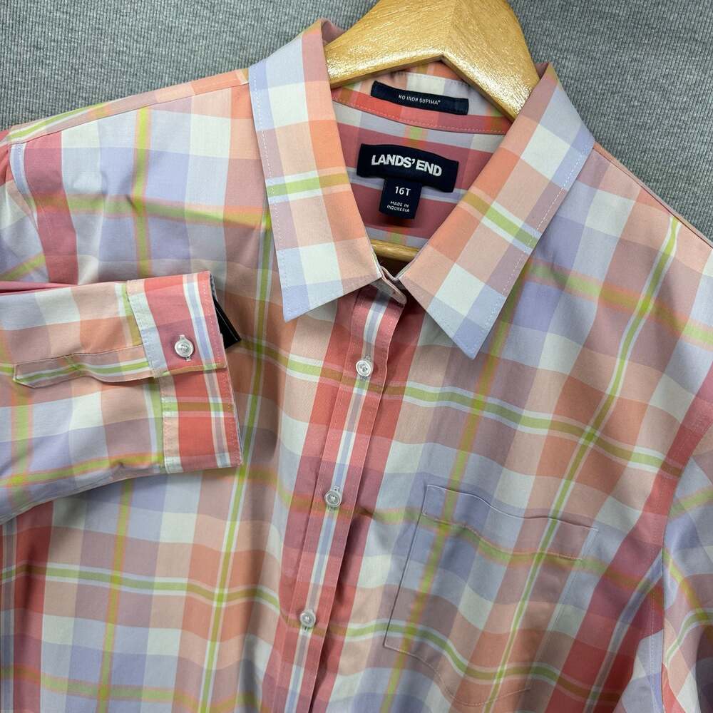 Lands' End No Iron Supima Cotton 3/4 Sleeve Plaid Button Down Shirt Size 16T